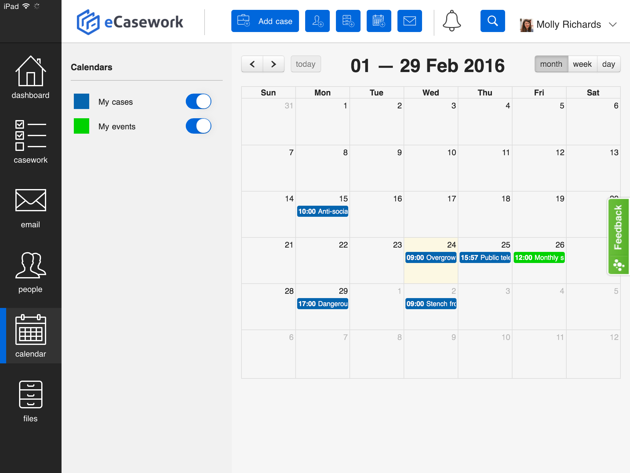A screenshot of the eCasework calendar