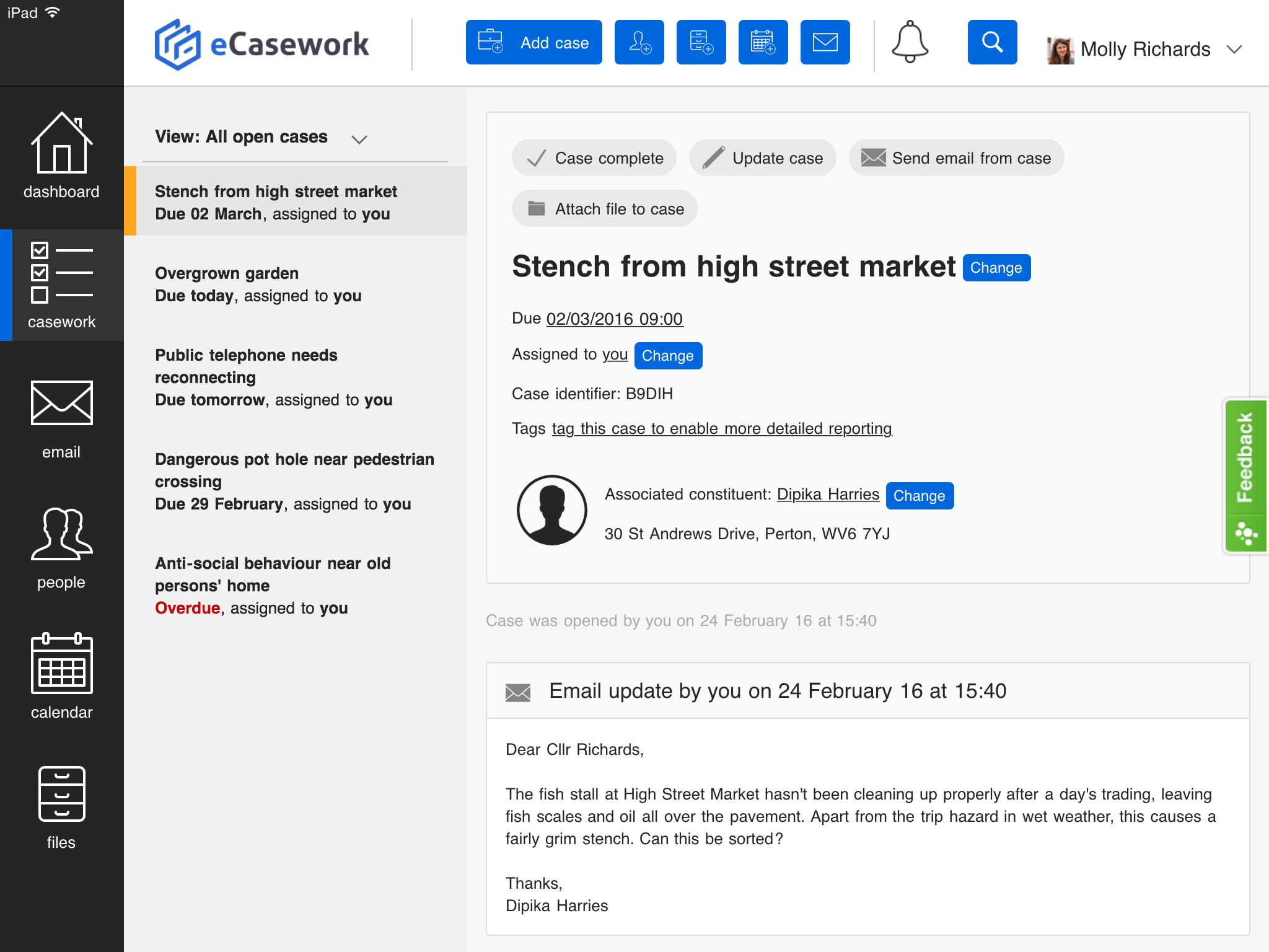 A screenshot of the casework section within eCasework