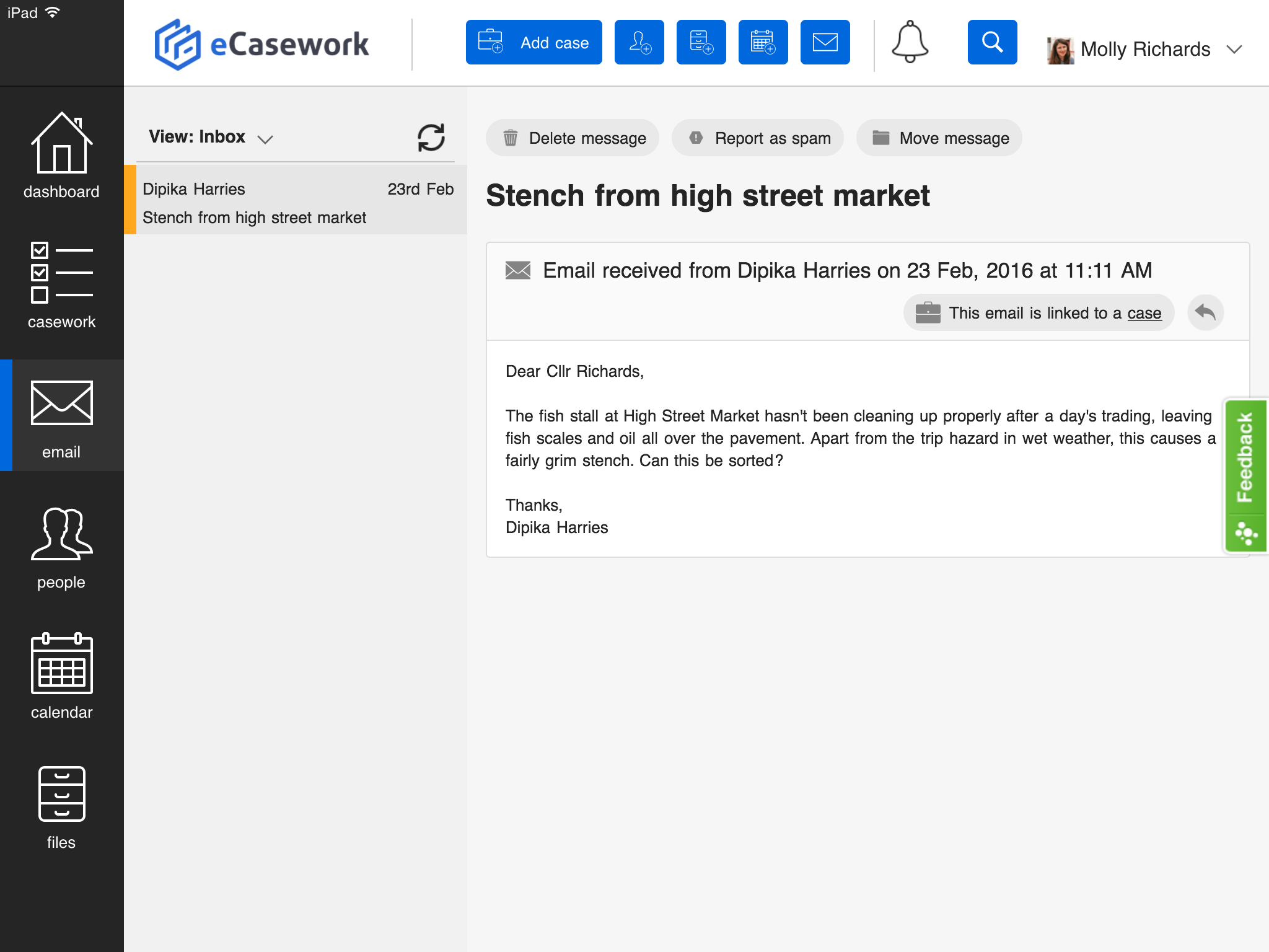 A screenshot of the eCasework email section