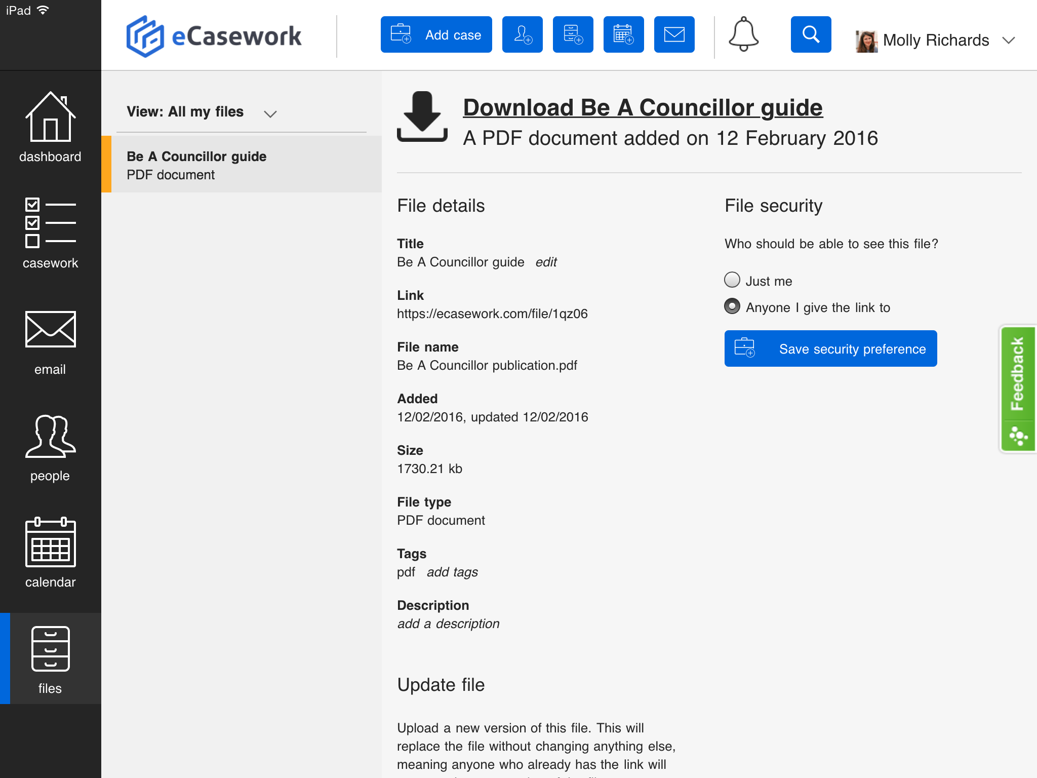 A screenshot of the eCasework files section