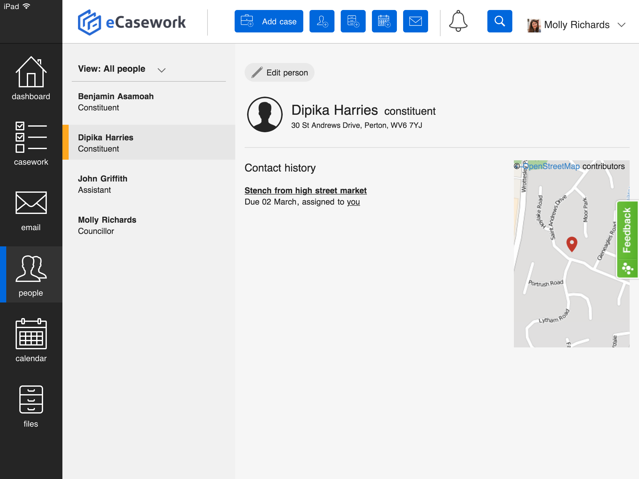A screenshot of the eCasework people section