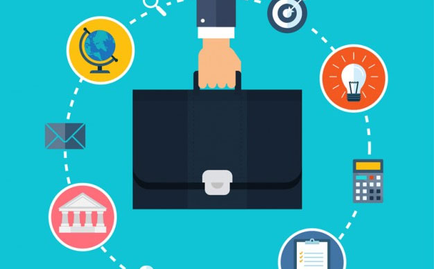 Graphic of a hand holding a briefcase, with icons of different topics floating around it