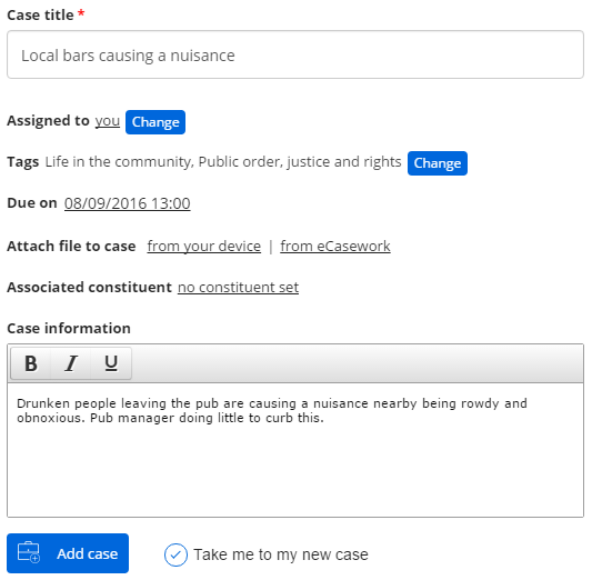 A screenshot of eCasework showing the case interface