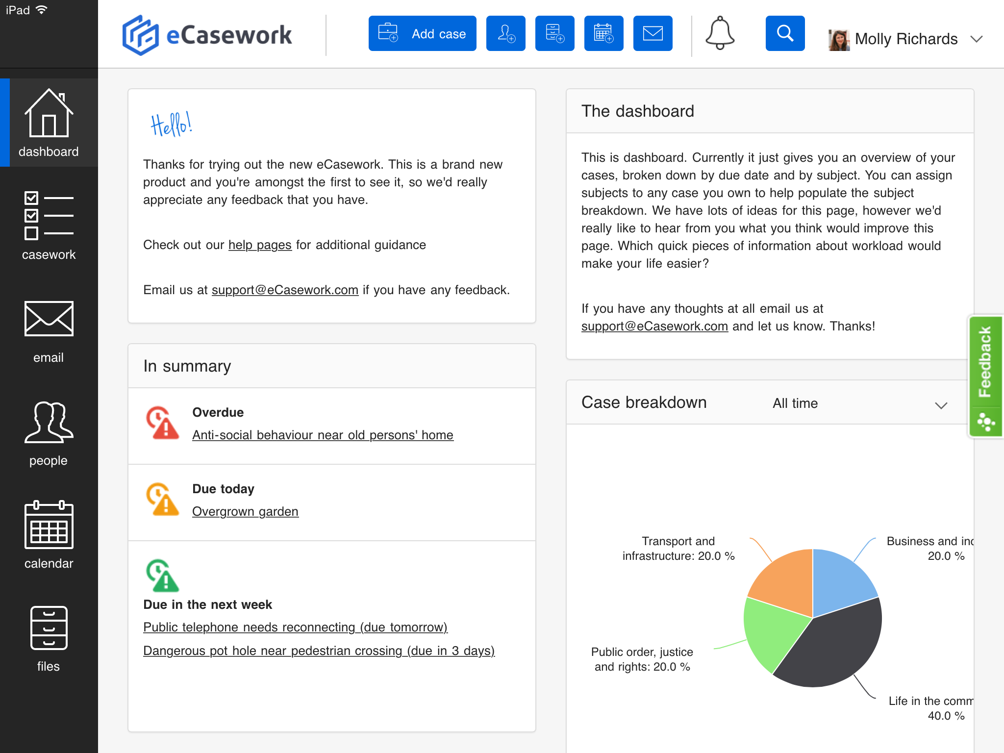 A screenshot of the eCasework dashboard